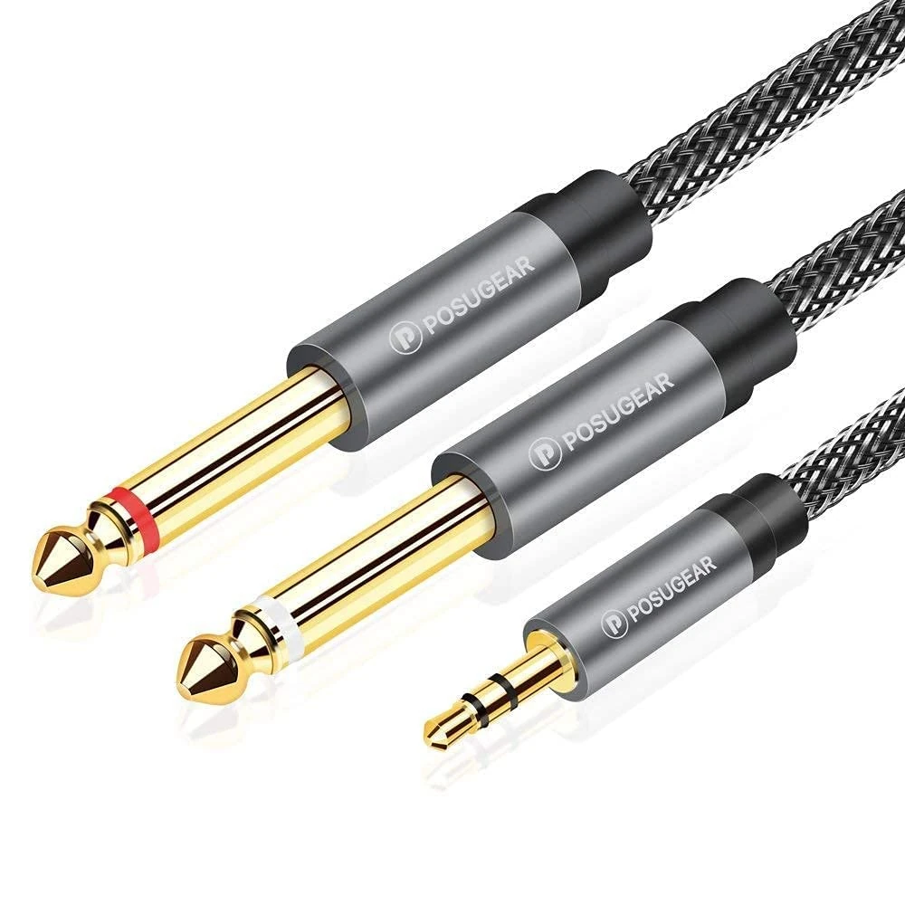 POSUGEAR 2m 3.5mm to 6.3mm Mono Audio Splitter, Nylon Braid Gold-Plated Cable for Mixer, Audio Recorder, Guitar, Amplifier