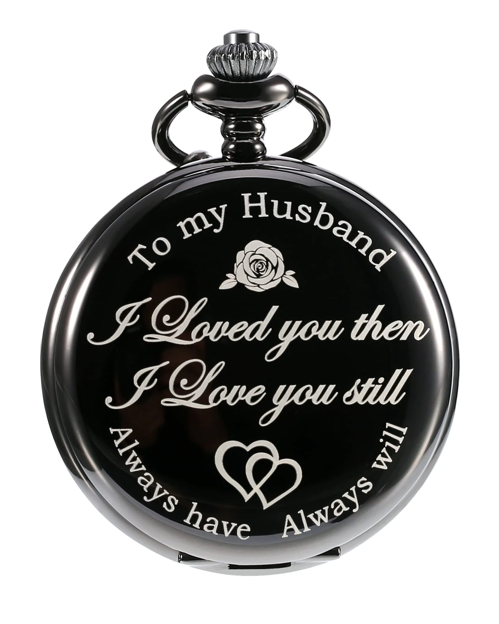 Pangda Quartz Pocket Watch to Husband Gift, Engraved Pocket Watch (Black Case and Dial)