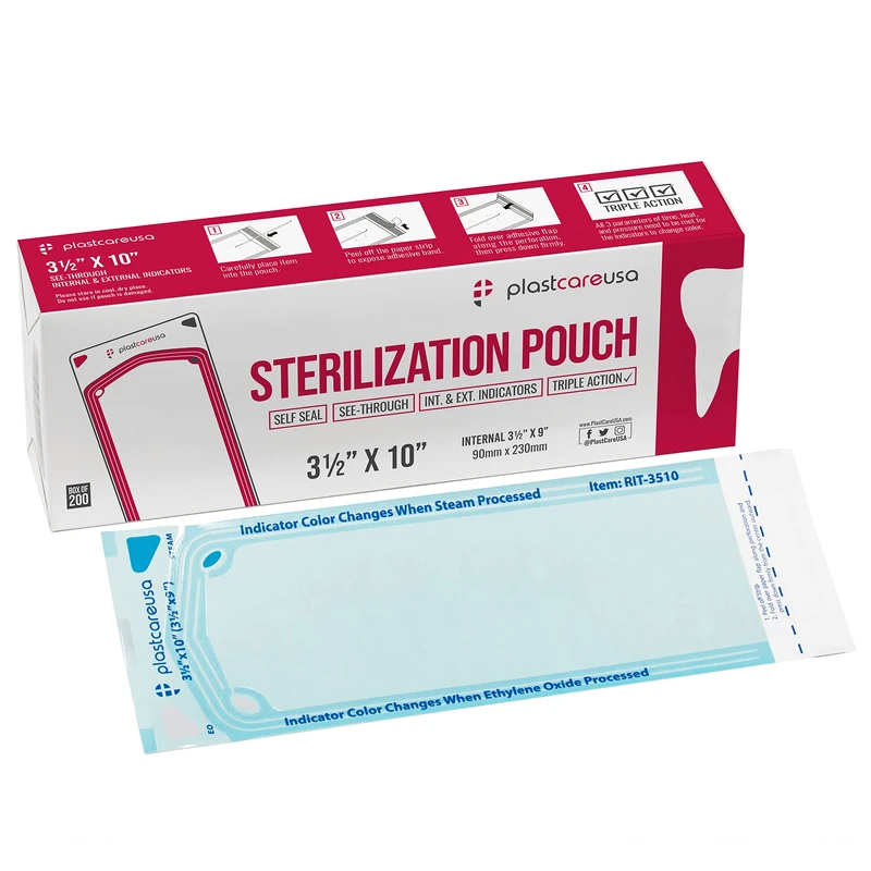 PlastCare USA 1000 Self-Sealing Sterilization Pouch, 3.5" X 10", Paper/Blue Film (5 Boxes)