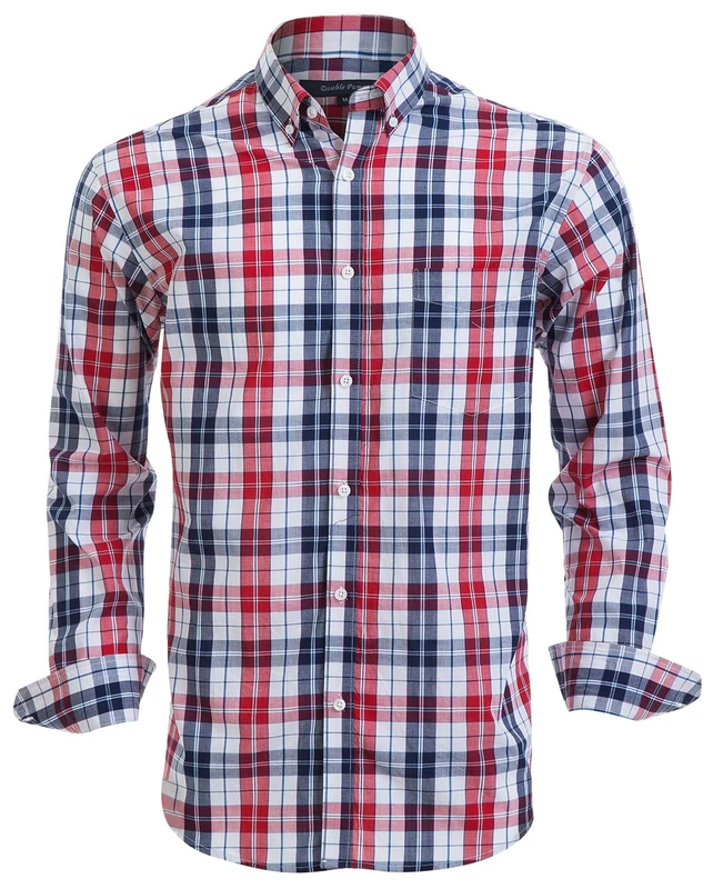 Double Pump Mens Button Down Shirts 100% Cotton Long Sleeve Shirts Regular Fit - Red - XL