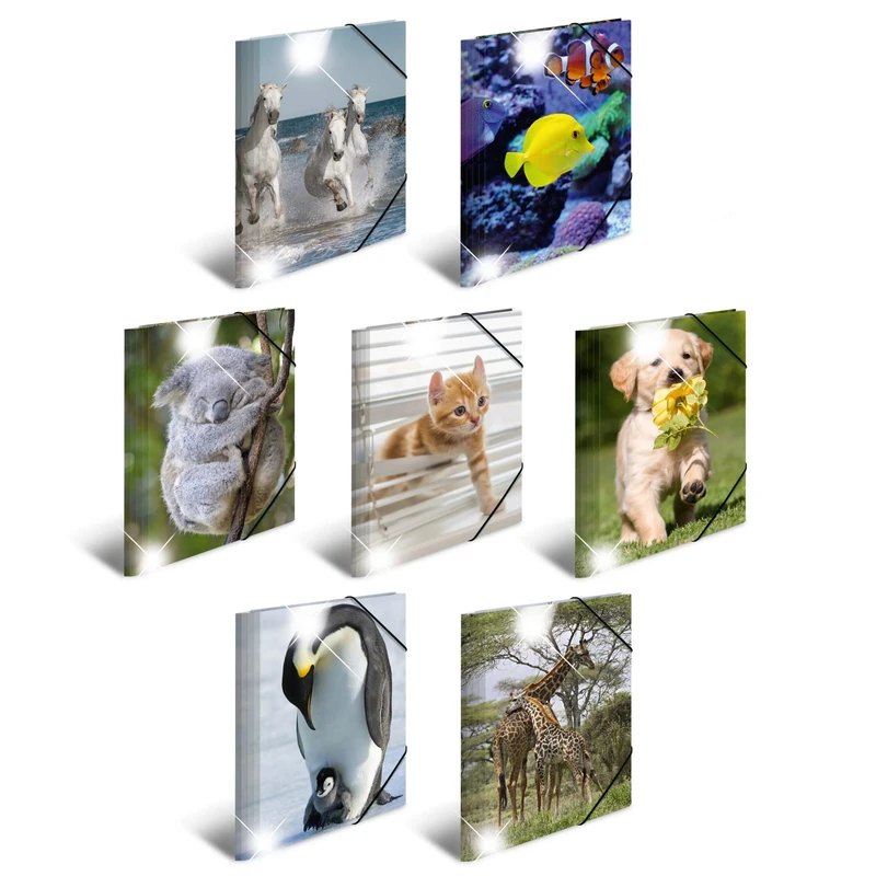 HERMA Elastic Folder Animals, Assorted Colourful Designs, A4, Glossy Plastic, with Inner Print, Pack of 10