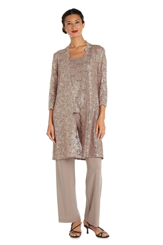 R&M Richards Women's Tank Top and Pant Set with Sheer Lace Jacket Formal Night Out Dress, Champagne, 14