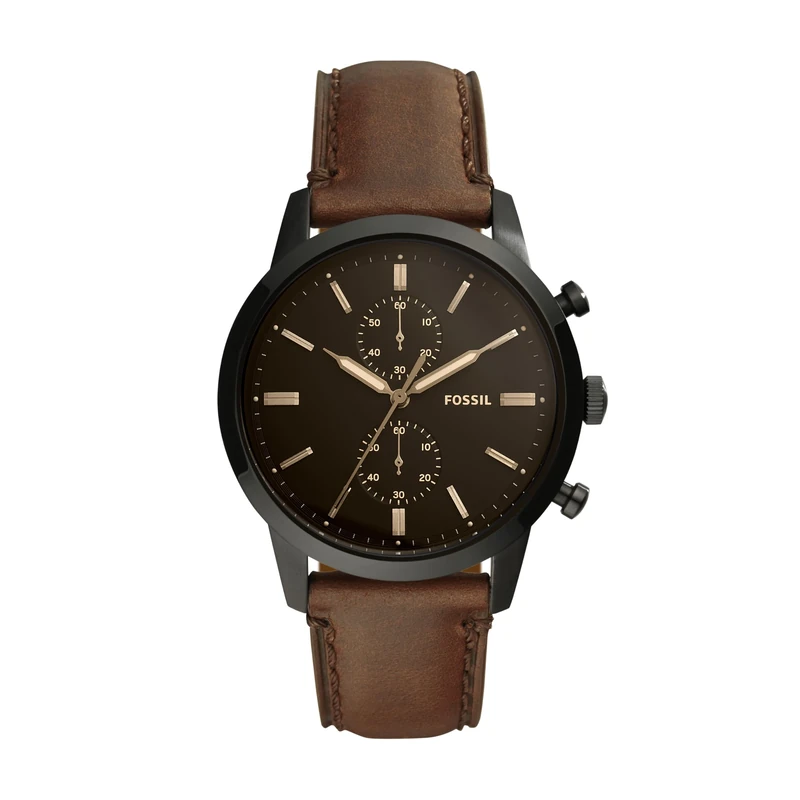Fossil Watch for Men 44 mm Townsman, Quartz Chronograph Movement, 44 mm Black Stainless Steel Case with a Leather Strap, FS5437