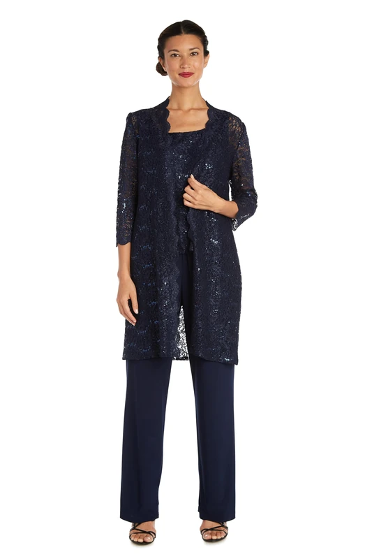 R&M Richards Women's Tank Top and Pant Set with Sheer Lace Jacket Business Suit, Navy, 8