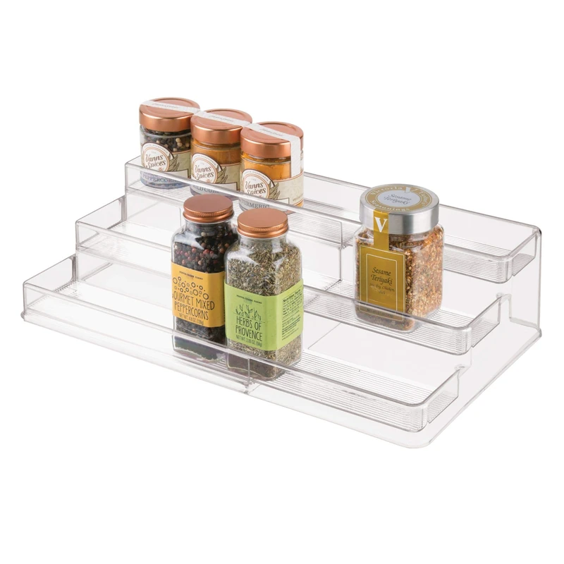 iDesign 64140 Expandable Spice Rack, Plastic Kitchen Cupboard Organiser, Practical Kitchen Storage for Herbs, Spices, Baking Ingredients and More, Clear