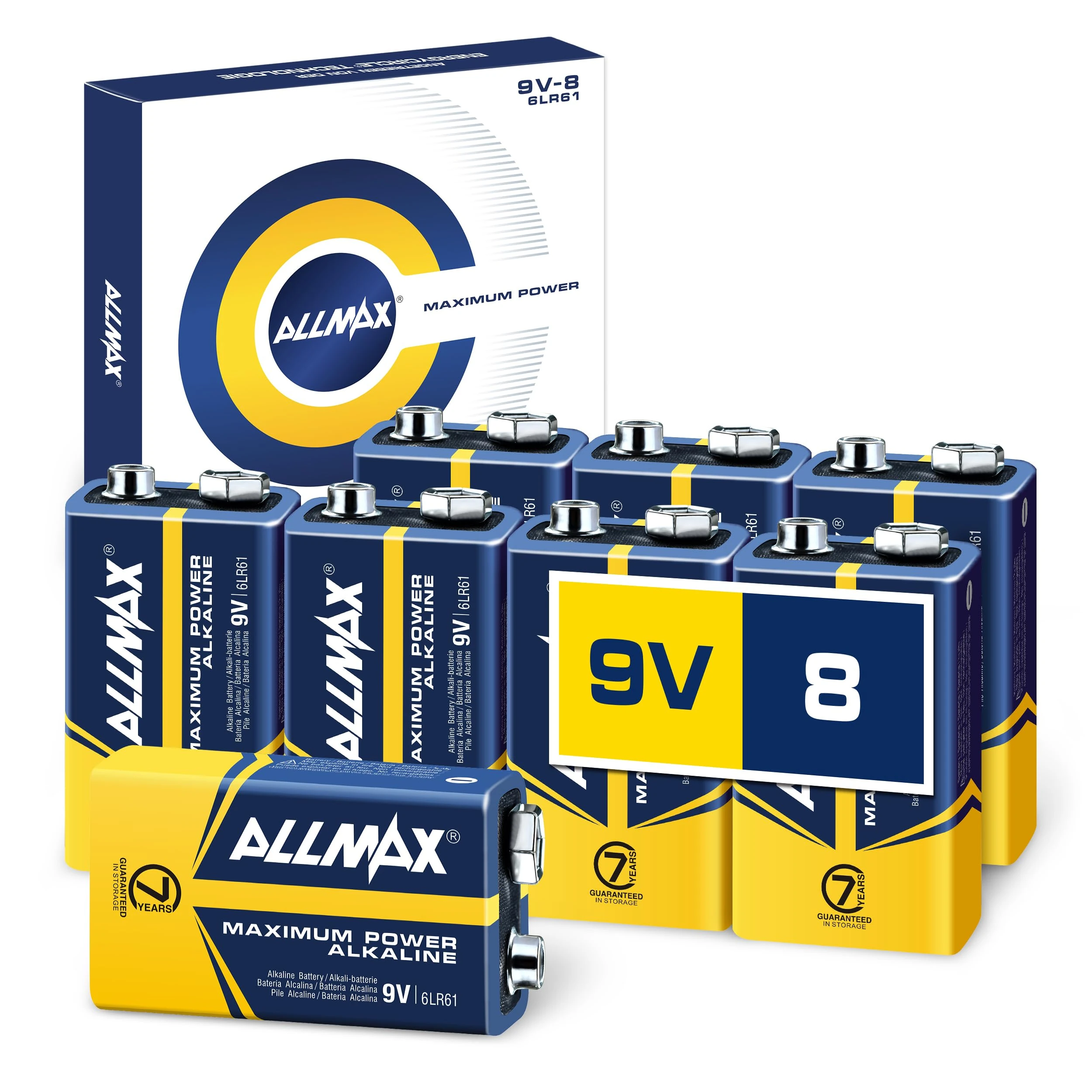 Allmax 9V (6LR61) Maximum Power Alkaline Batteries (8 Count) – Ultra Long-Lasting, Leakproof Design, 7-Year Shelf Life, Maximum Performance, Perfect for Smoke Detectors (9 Volt)