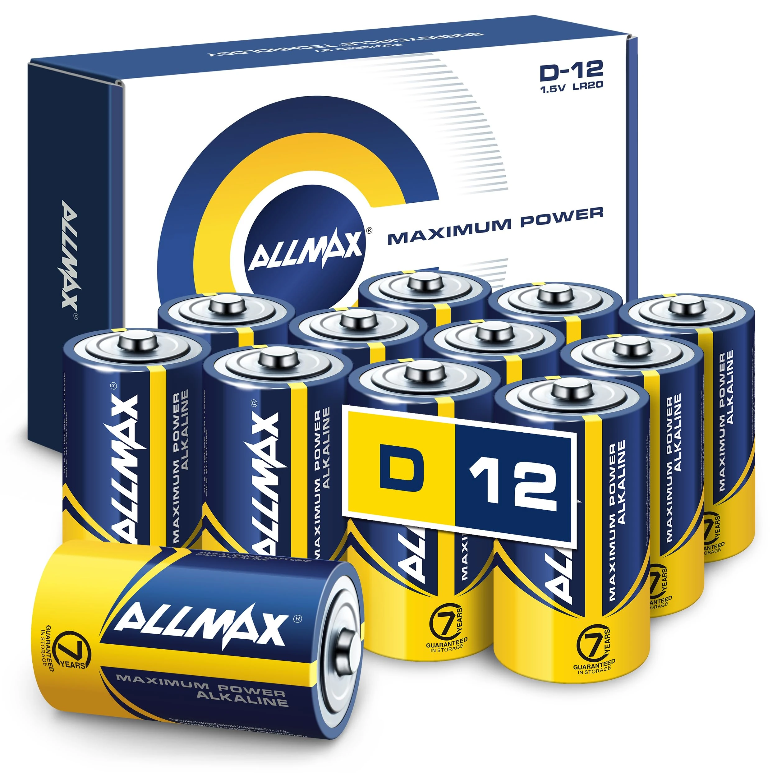 Allmax D (LR20) Maximum Power Alkaline Batteries (12 Count) – Ultra Long-Lasting, Leakproof Design, 7-Year Shelf Life, Maximum Performance (1.5V)