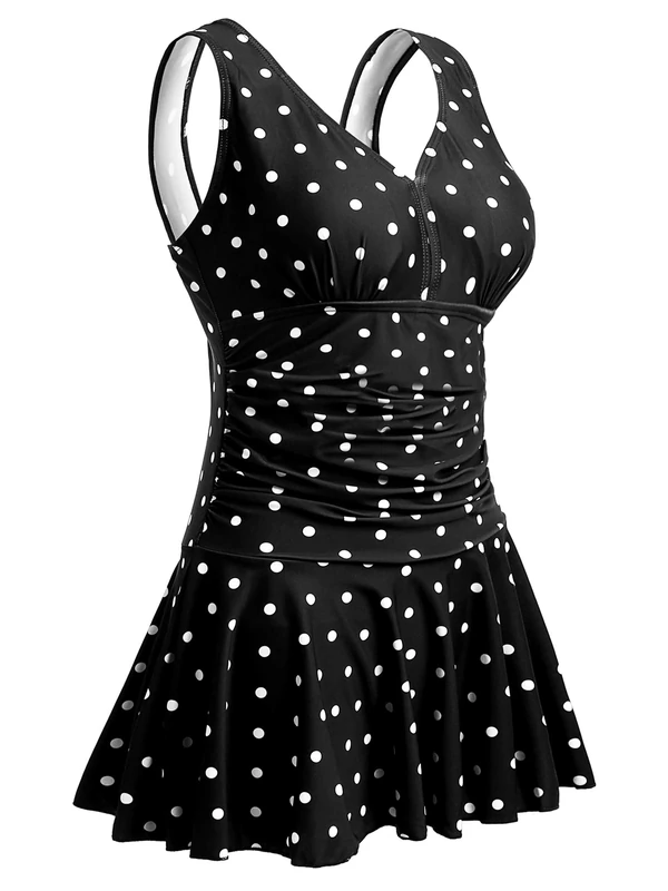 MiYang Women's Plus-Size Flower Printing Shaping Body One Piece Swim Dresses Swimsuit, Black Polka Dot, 16-18