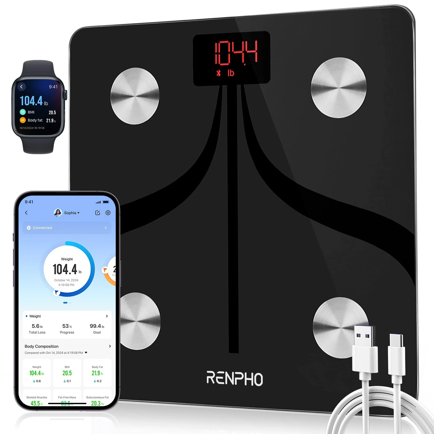RENPHO Smart Body Fat Scales USB Rechargeable, Bathroom Scales for Body Weight High Precision Weighing Scale with Bluetooth Smart App, Body Composition Monitor for Body Fat, BMI, Muscle Mass, Elis 1