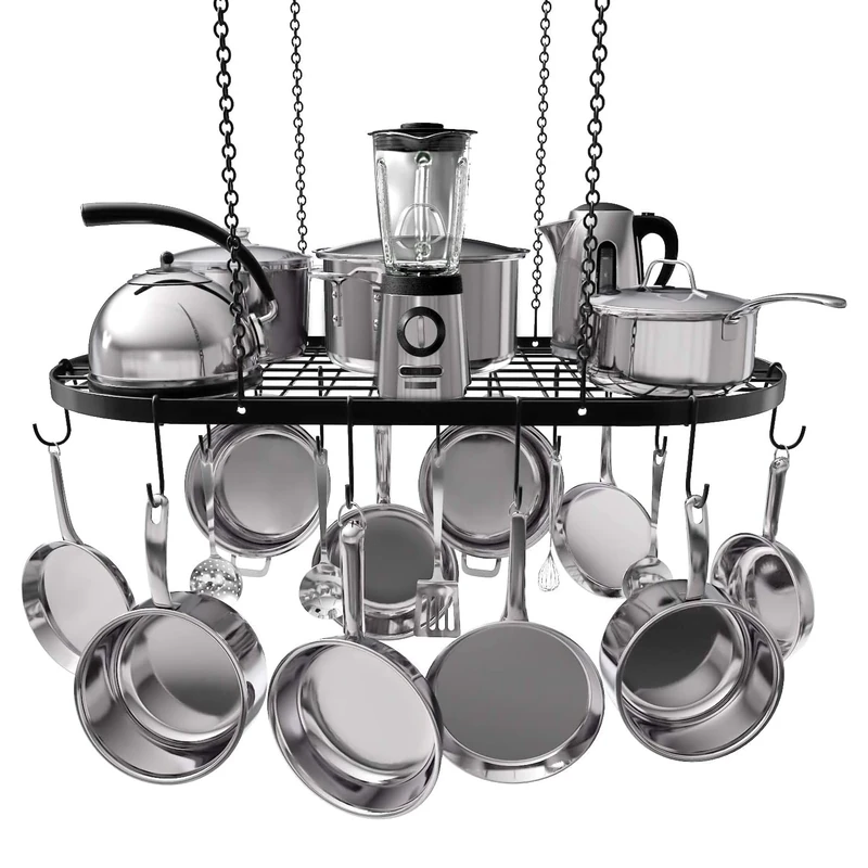 Vdomus Heavy-Duty Hanging Pot Rack - 33x17 Inches - Stylish Black Alloy Steel Ceiling Storage with 15 Hooks - Organize Kitchen Cookware and Utensils - Space-Saving Mounted Overhead Holder - Image 1