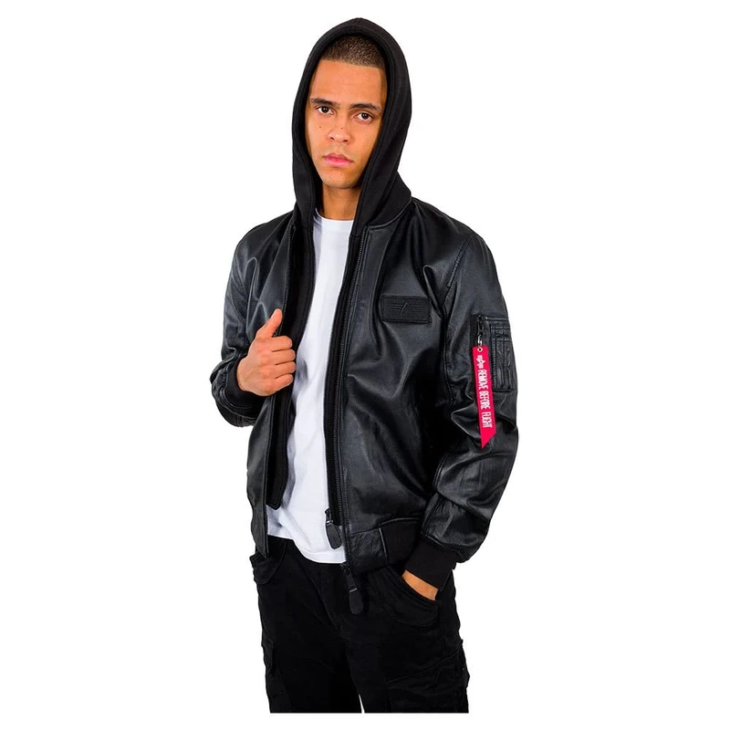Alpha Industries Men's MA-1 D-Tec Leather LW Jacket, Black/Black, M