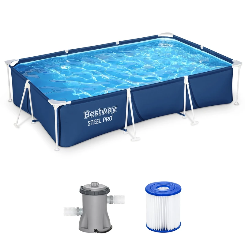 Bestway Steel Pro 9.8' x 6.6' x 26" Rectangular Steel Frame Above Ground Outdoor Backyard Swimming Pool Set with 330 GPH Filter Pump