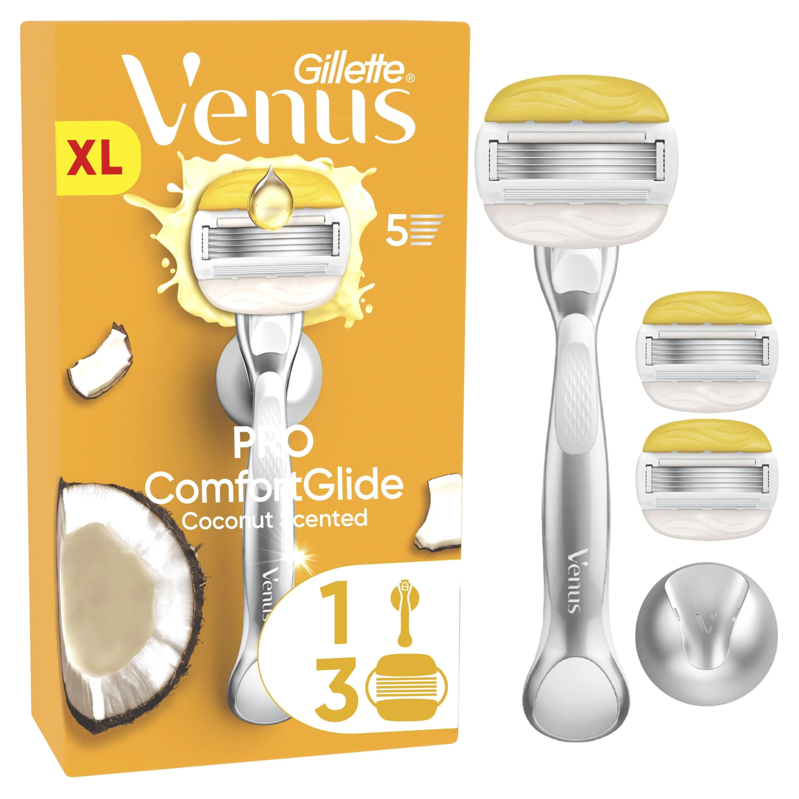 Gillette Venus Pro ComfortGlide Coconut Scented Women’s Razor with Olay Moisturiser, 1 Refill Razor Cartridges, Reusable Metal Handle and Shower Holder