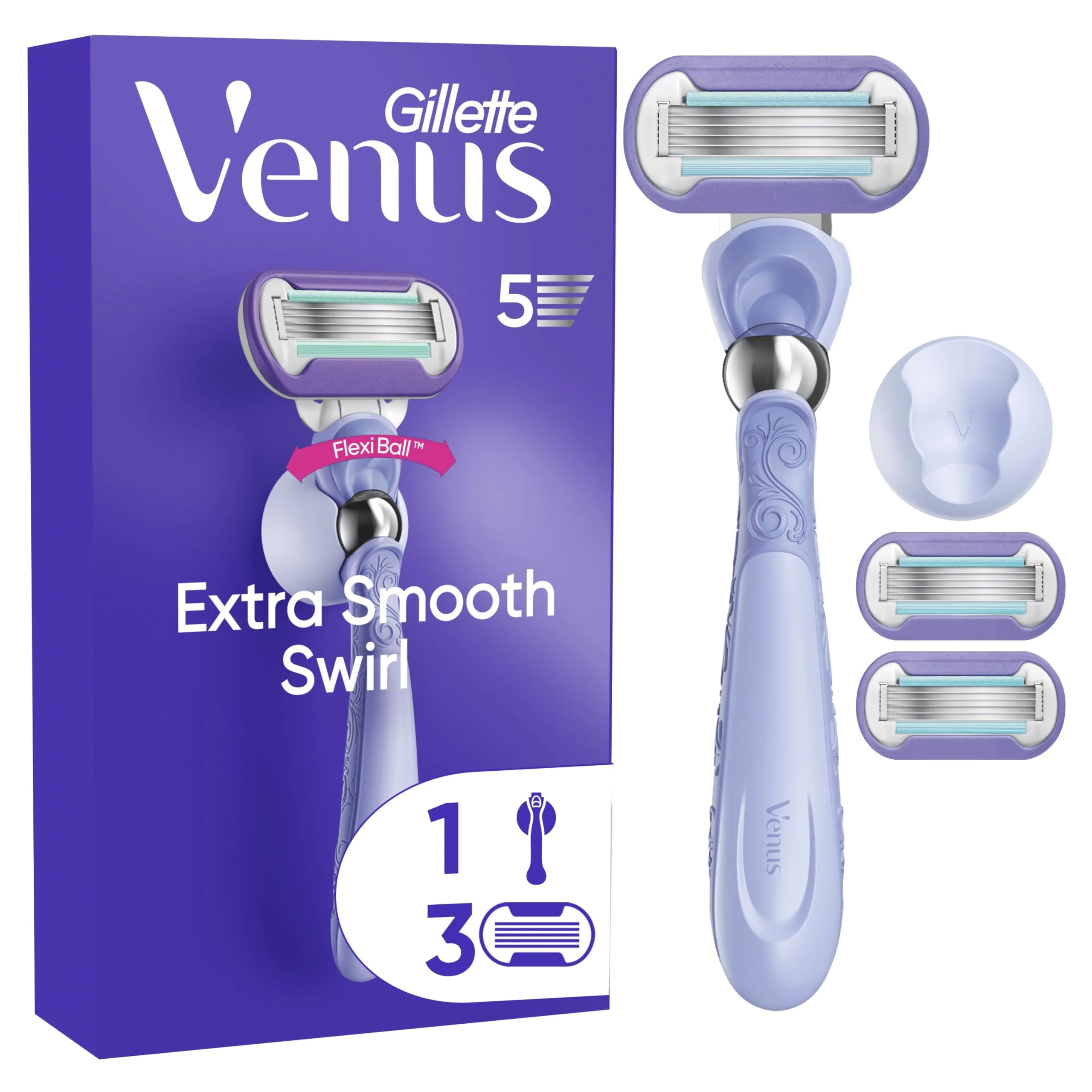 Gillette Venus Extra Smooth Swirl Women’s Razor, 3 Refill Razor Cartridges, Pivoting Reusable Handle and Shower Holder