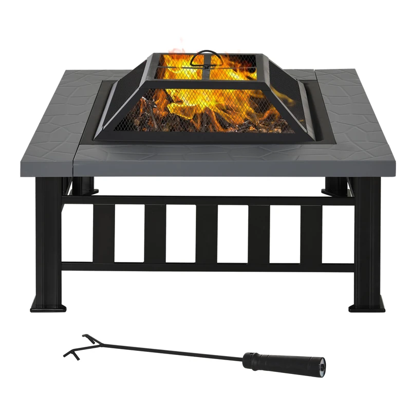 Outsunny Metal Large Firepit Outdoor Square Fire Pit Brazier w/Rain Cover, Lid, Log Grate, Poker for Backyard, Camping, BBQ, Bonfire, Wood Burning Stove, 86 x 86 x 54cm, Black