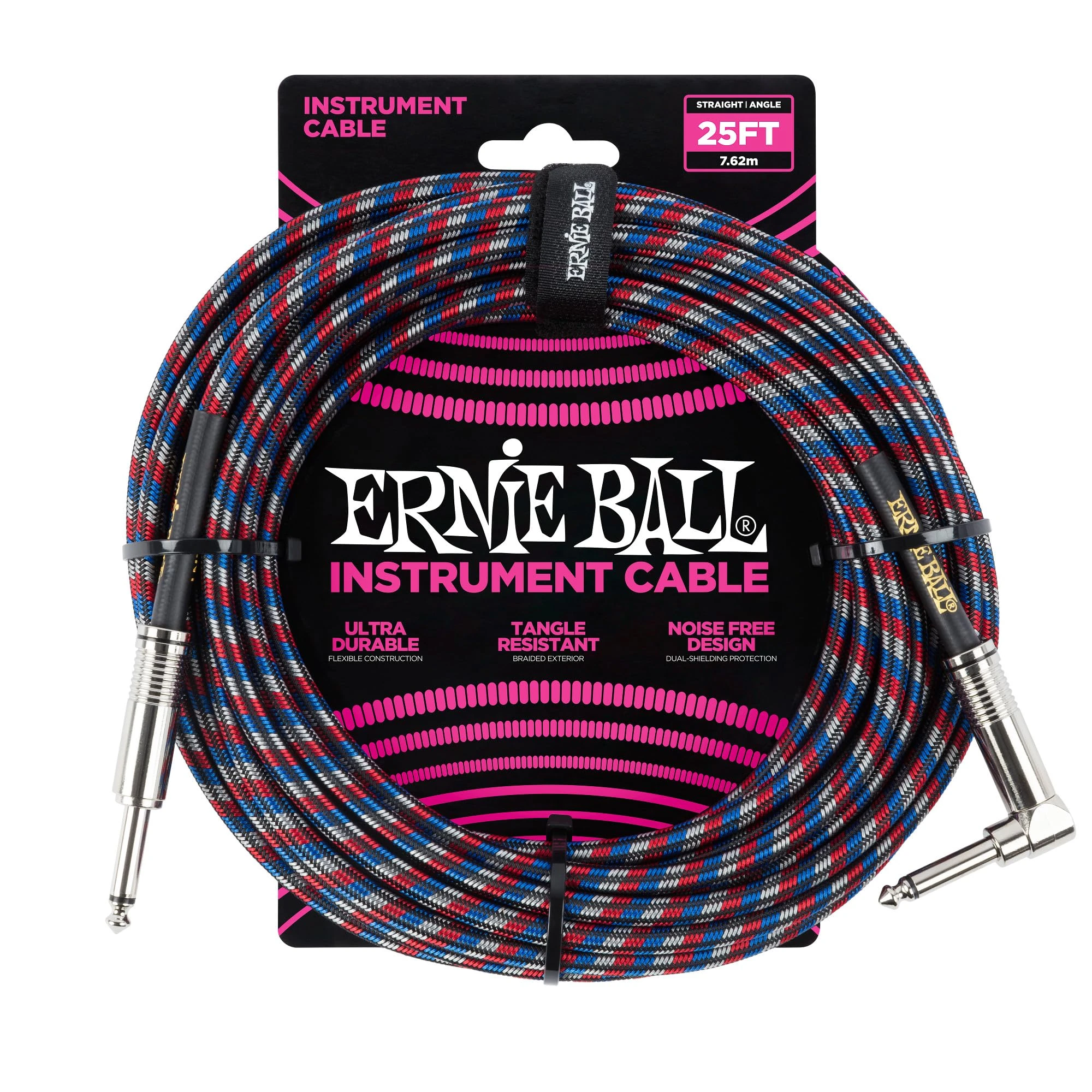 Ernie Ball 25 ft Braided Straight / Angle Instrument Cable - Black / Red / Blue / White
