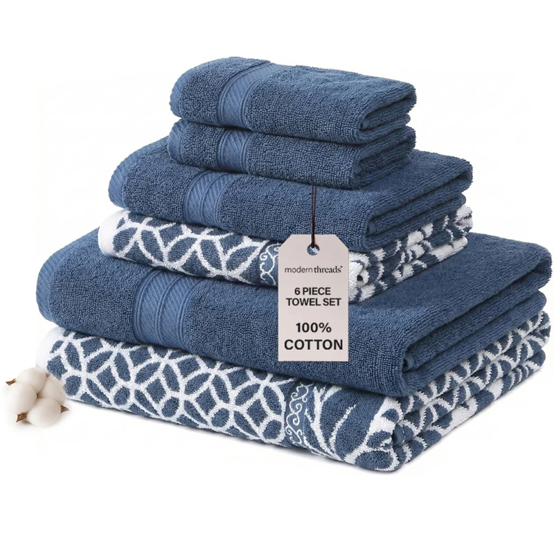 Modern Threads Trefoil Filigree 6-Piece Reversible Yarn Dyed Jacquard Towel Set - Bath Towels, Hand Towels, & Washcloths - Super Absorbent & Quick Dry - 100% Combed Cotton