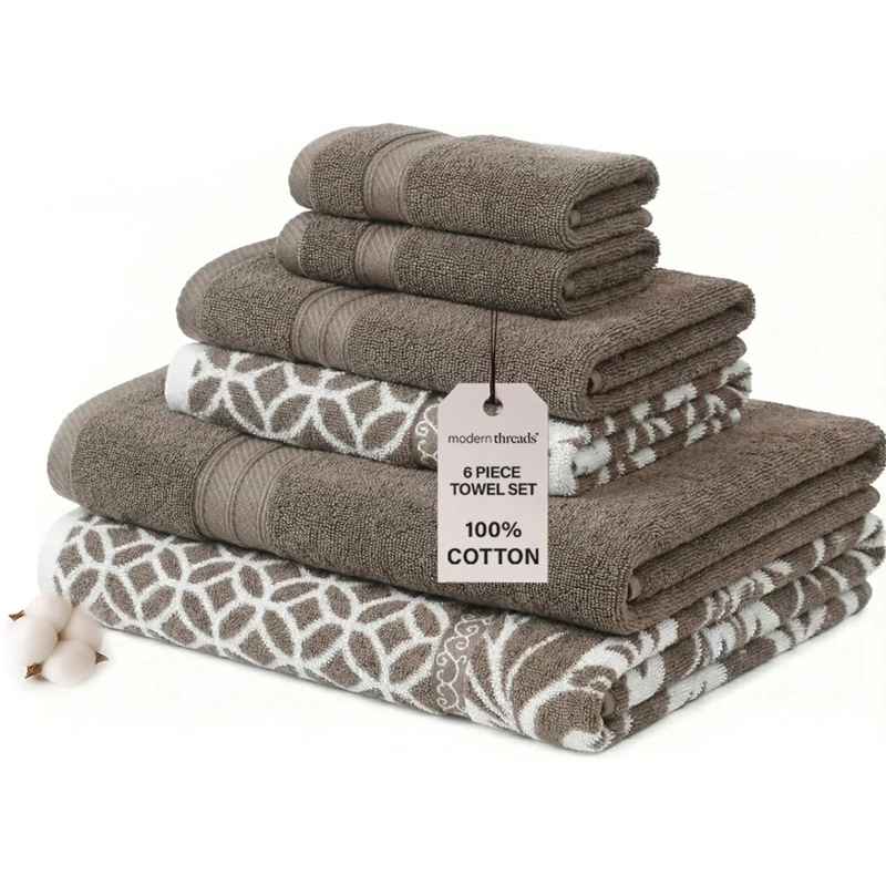 Modern Threads Trefoil Filigree 6-Piece Reversible Yarn Dyed Jacquard Towel Set - Bath Towels, Hand Towels, & Washcloths - Super Absorbent & Quick Dry - 100% Combed Cotton