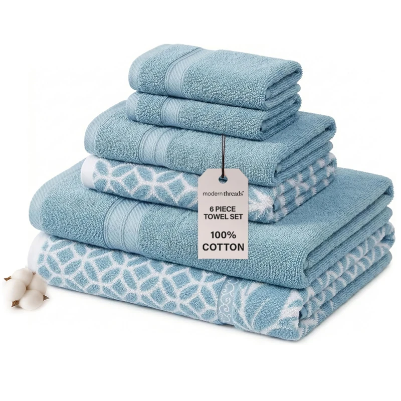 Modern Threads Trefoil Filigree 6-Piece Reversible Yarn Dyed Jacquard Towel Set - Bath Towels, Hand Towels, & Washcloths - Super Absorbent & Quick Dry - 100% Combed Cotton, Sterling Blue - Image 1