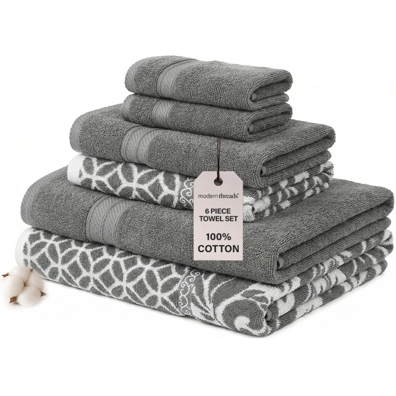 Amrapur Modern Threads Trefoil Filigree 6-Piece Reversible Yarn Dyed Jacquard Towel Set - Bath Towels, Hand Towels, & Washcloths - Super Absorbent & Quick Dry - 100% Combed Cotton Platinum