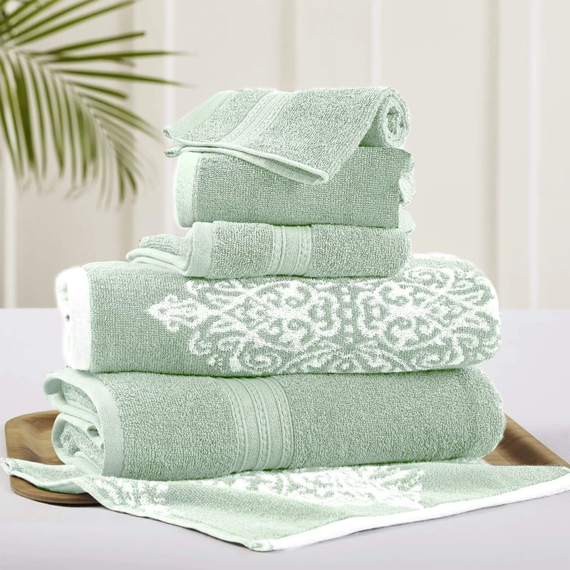 Amrapur Overseas | Artesia Damask 6 Piece Reversible Yarn Dyed Jacquard Towel Set (Sage)