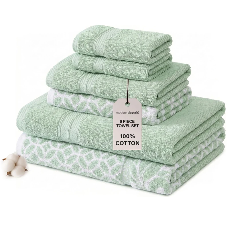 Modern Threads Amrapur Overseas Trefoil Filigree 6-Piece Reversible Yarn Dyed Jacquard Towel Set - Bath Towels, Hand Towels, & Washcloths - Super Absorbent & Quick Dry - 100% Combed Cotton