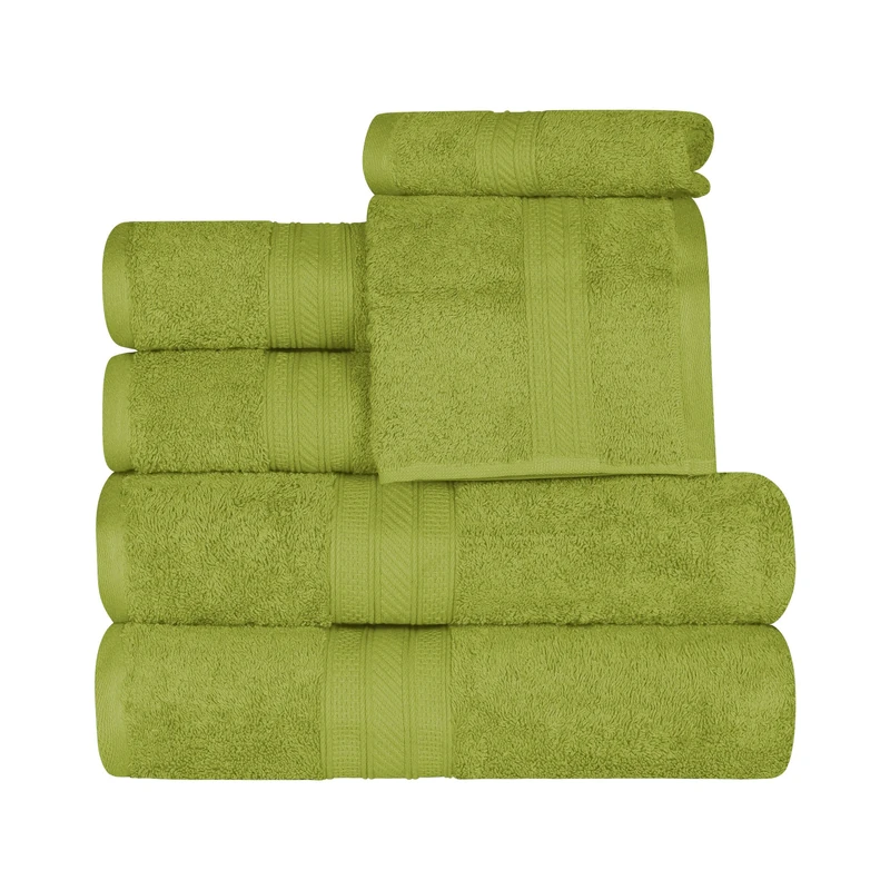 Superior Long Staple 100% Combed Cotton 700GSM, Durable, Plush and Absorbent 6-Piece Single Ply Towel Set, 2 Face/Washcloths, 2 Hand Towels, 2 Bath Towels, Green Essence