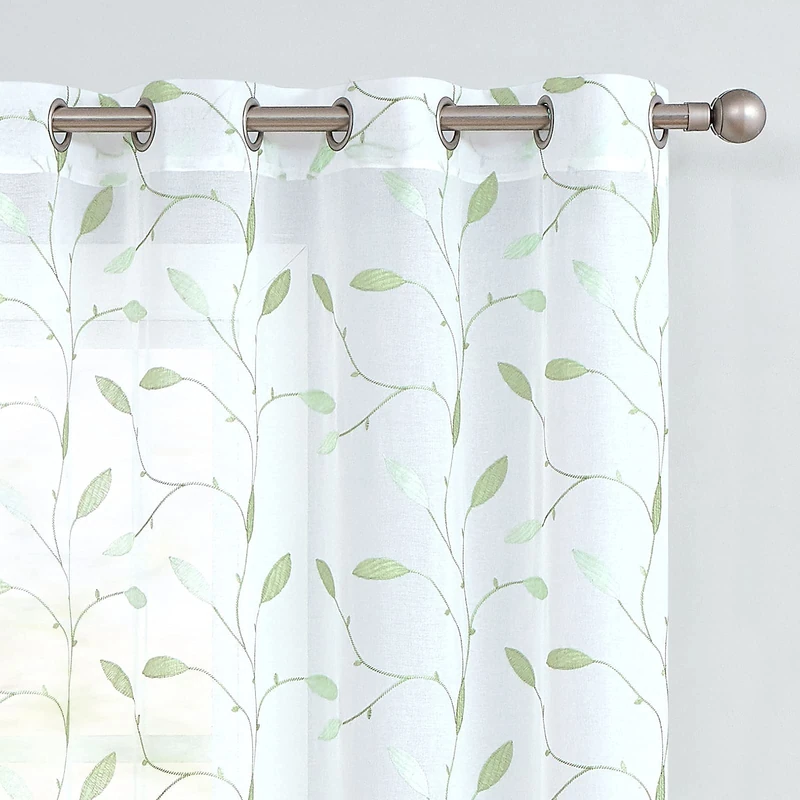 Lazzzy Embroidered Sheer Curtains Floral Leaf White Sheer Curtain for Bedroom Living Room Kitchen Rustic Voile Drapes Privacy Window Treatment Set of 2 Panels 96 Inches Long Grommet Top Green on White