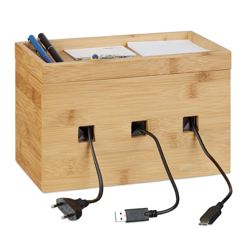 Relaxdays Bamboo Cable Box, Multipurpose Wooden Docking Station, Desk Organizer Charging Post, H x W x D: 16.5 x 25.5 x 14 cm, Natural