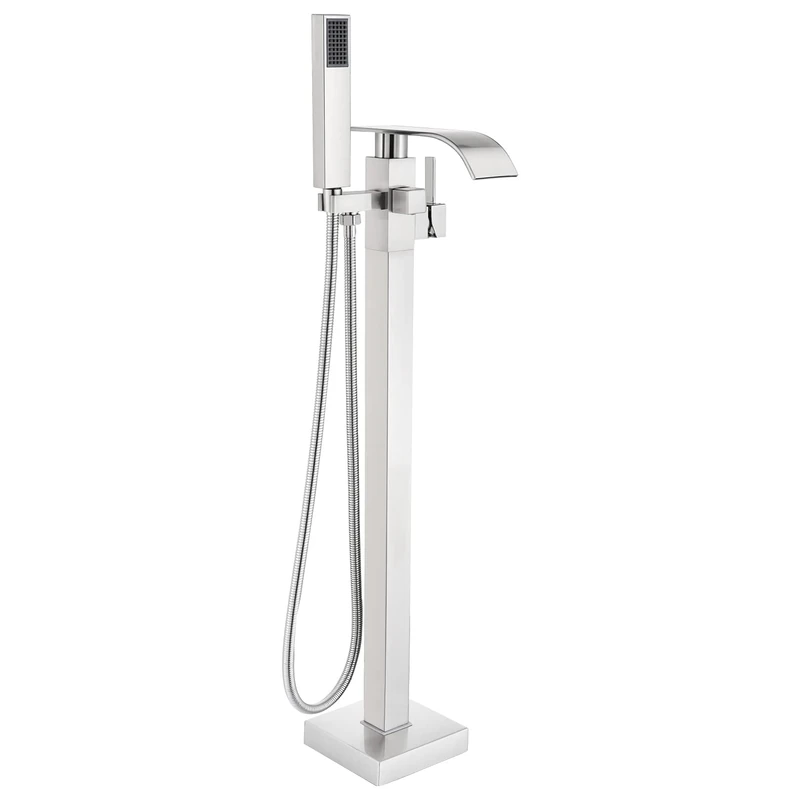 Senlesen Stainless Steel Barthroom Tub Filler Faucet Floor Mounted Bathtub Shower Faucet Waterfall Spout Free Standing Tub Mixer Tap with Handheld Sprayer