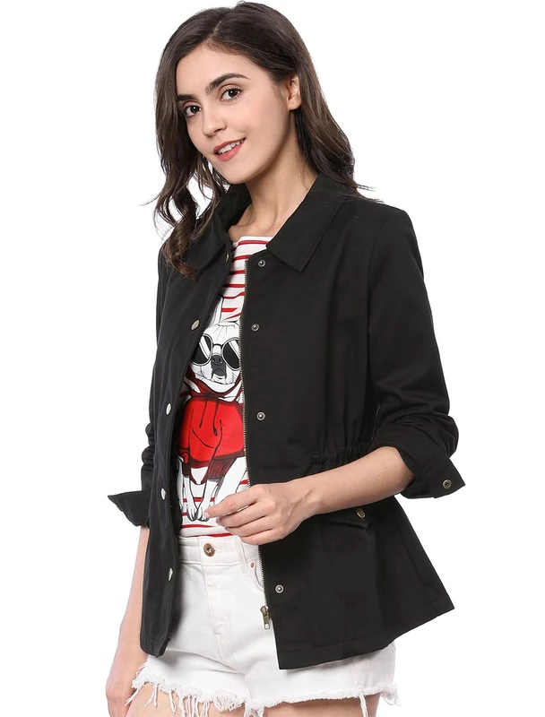 Allegra K Women's Drawstring Waist Flap Pockets Lightweight Utility Jacket Black M
