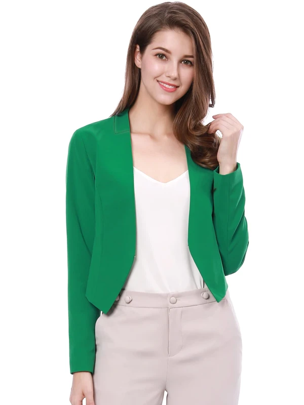 Allegra K Women's Saint Patrick's Day Cropped Blazer Official Open Front Collarless Suit Jacket, Green, 20