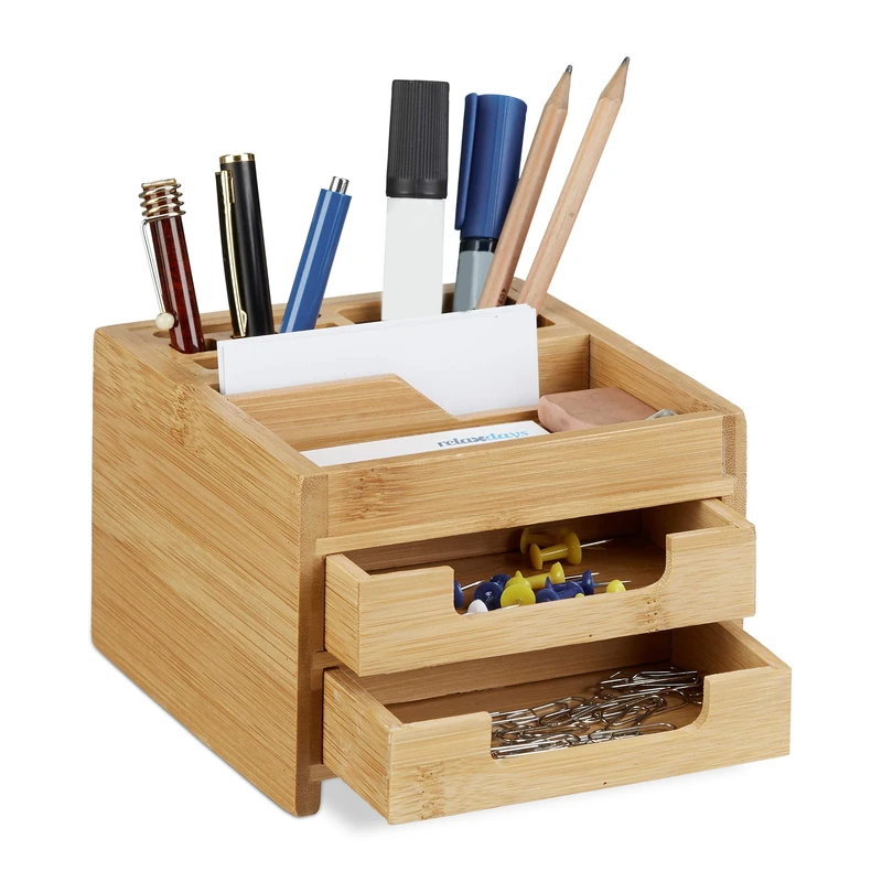 Relaxdays Bamboo Desk Organizer, Stationery Pen Holder, Office File Sorter with Drawer, HxWxD: 9.5 x 12.5 x 15 cm, Natural