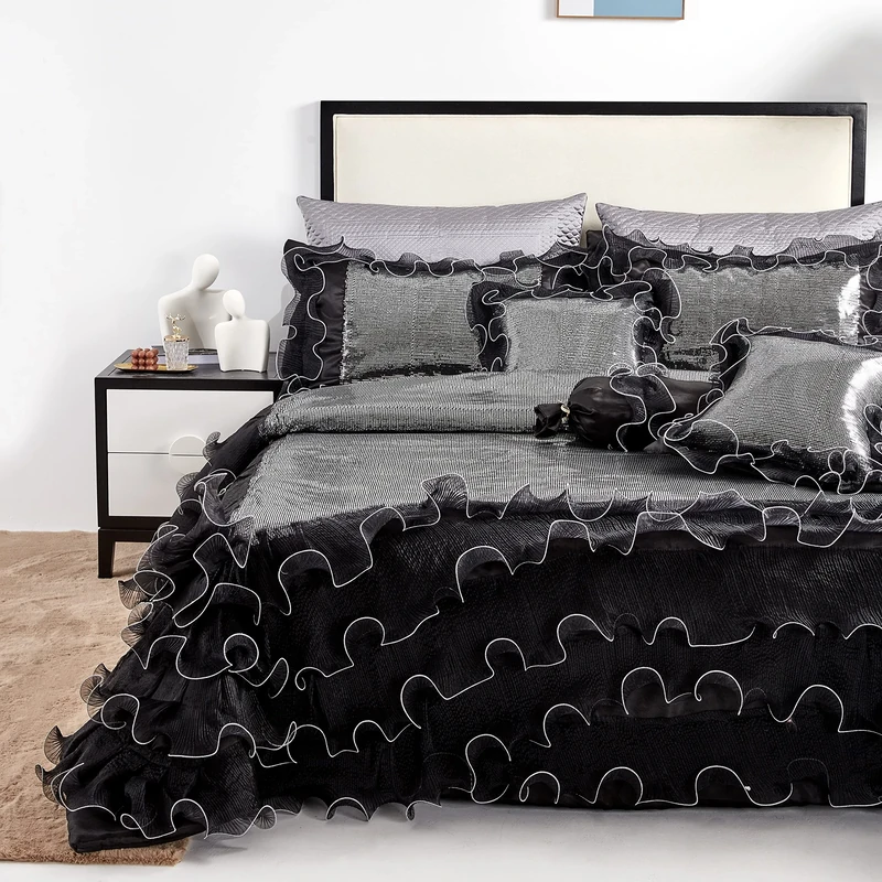 Tache Home Fashion Elegant Sequin Ruffle Warm Luxury Comforter Bedding Set, Polyester, Night Out, Queen
