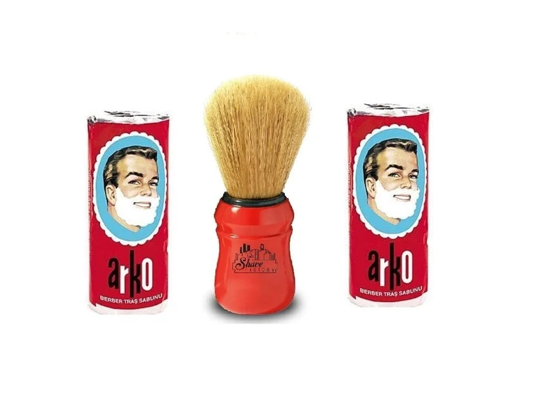 The Shave Factory Wet Shaving Set – 2× Arko Shaving Soap Sticks & The Shave Factory Natural Boar Bristle Brush Made by Omega – Classic Red Handle