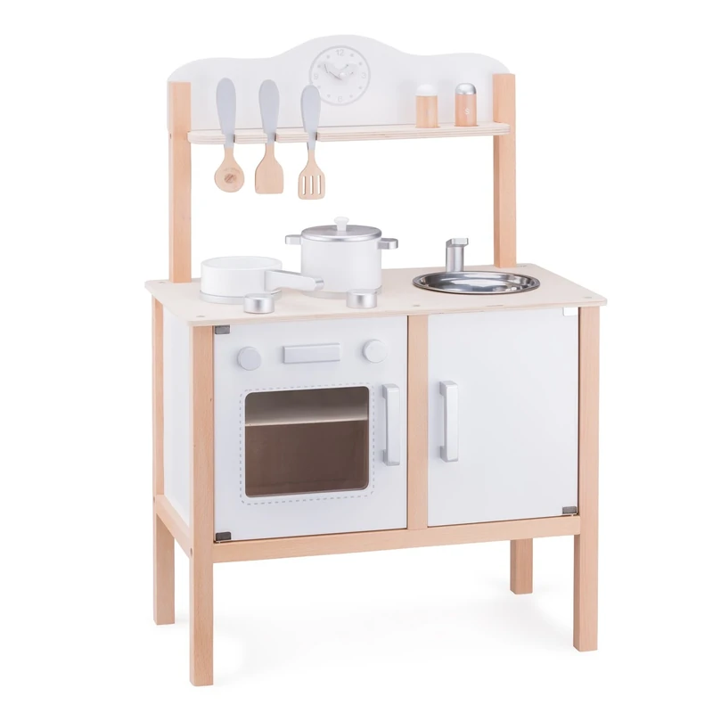 New Classic Toys 11050 Wooden Pretend Toy Kitchen for Kids Role Play Included Accessoires, Natural/White