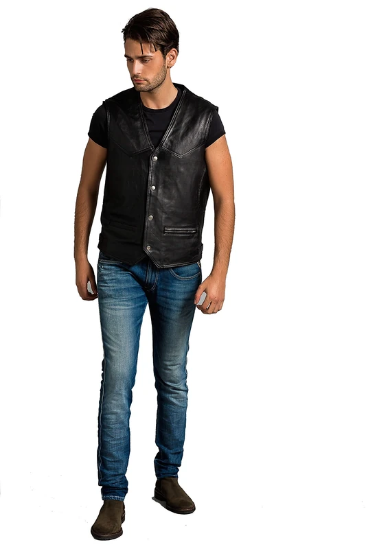 Urban Leather Billy Vest Leather Waistcoat, Black, Size M,