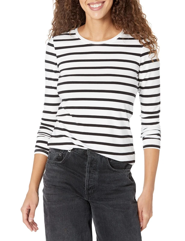 Amazon Essentials Women's Classic-Fit Long-Sleeve Crewneck T-Shirt (Available in Plus Size), Black/White Stripe, X-Small