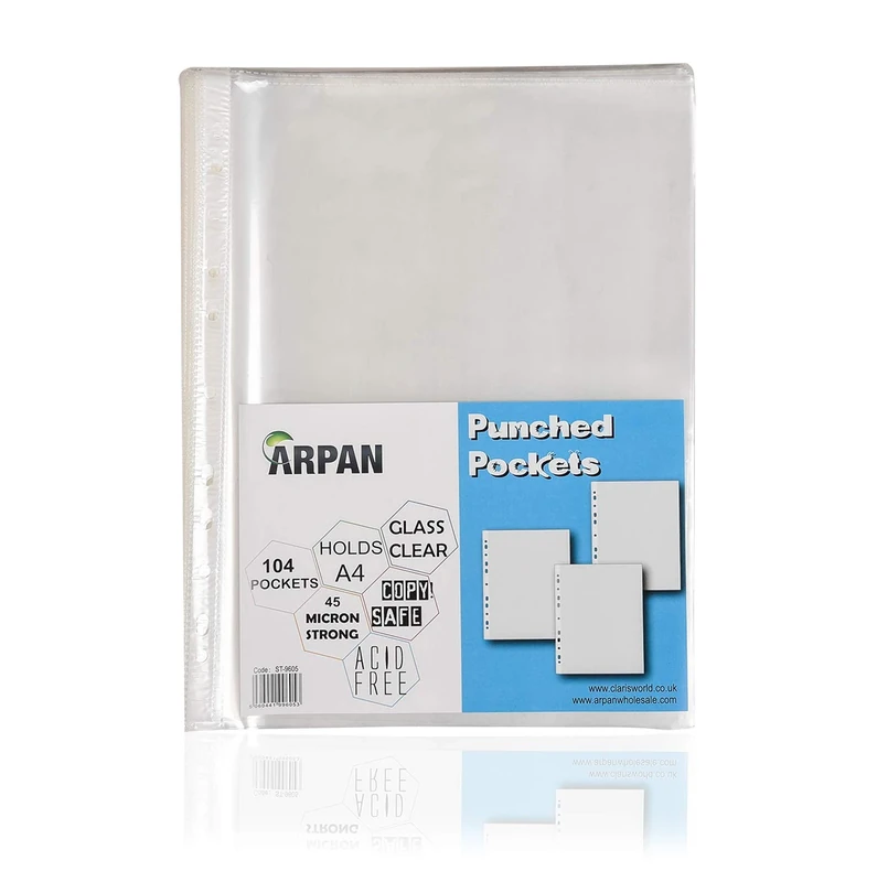 Punched Pocket A4 Strong 45 Micron Transparent Poly Wallets Glass Clear Sheet Protector by Arpan (A4-104 X 12 Pack)