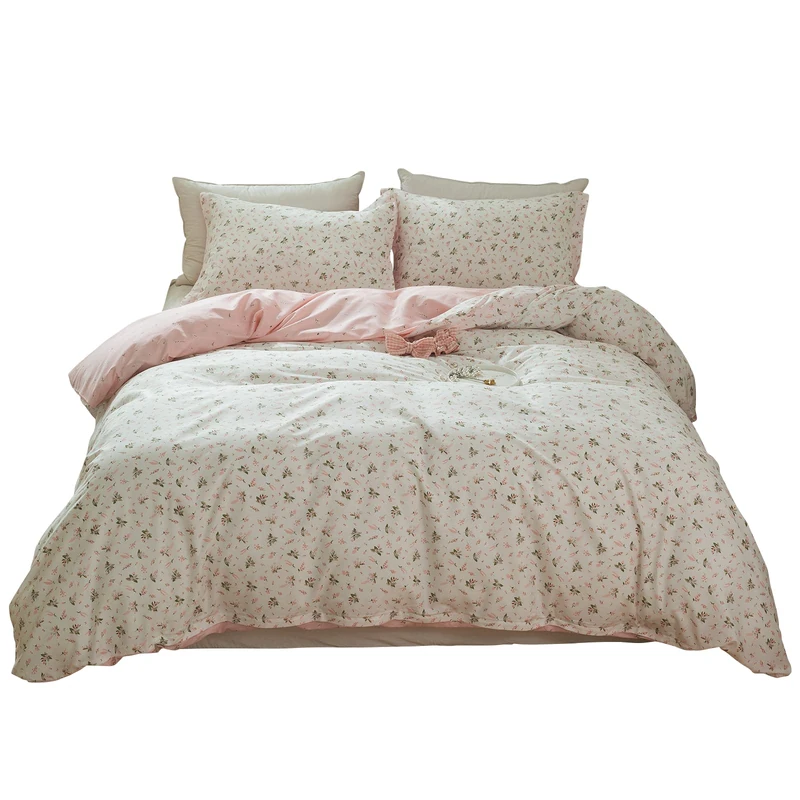 LifeTB Cotton Floral Duvet Cover Queen Girl Pink Flower Bedding Sets Garden Style Comforter Cover Pink White Floral Bedding Sets Flower Branches Pattern Duvet Cover with Zipper Closure