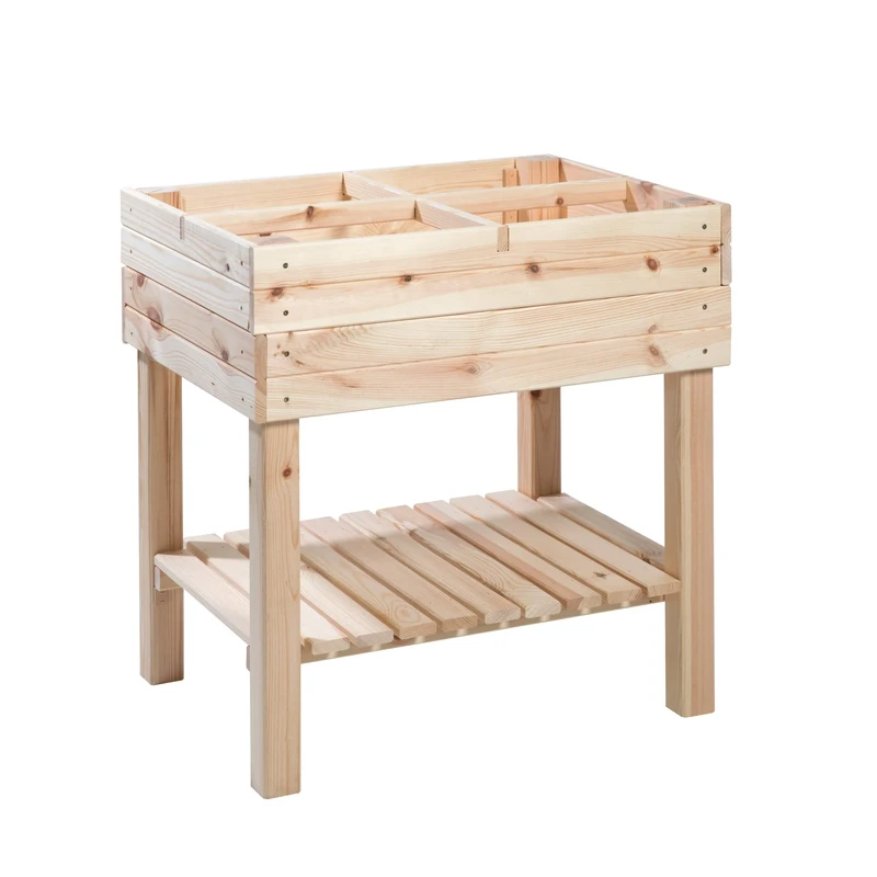 greemotion Raised Bed Planter, Recycled Pine Wood Garden Planter with 4 Compartments and Plastic Insert, Raised Grow Bed with Storage Shelf, Standing Herb Growing Box, approx. 79 x 79 x 59 cm