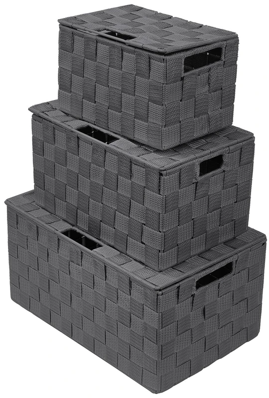 Sorbus Storage Box Woven Basket Bin Container Tote Cube Organizer Set Stackable Storage Basket Woven Strap Shelf Organizer Built-In Carry Handles (Lid Bins - 3 Pack, Gray)