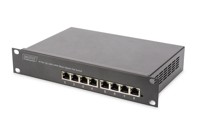 DIGITUS Gigabit Ethernet PoE+ Switch - 10 Inch - 8 Ports - Unmanaged - IEEE 802.3at - 96 Watt Power Budget - Black