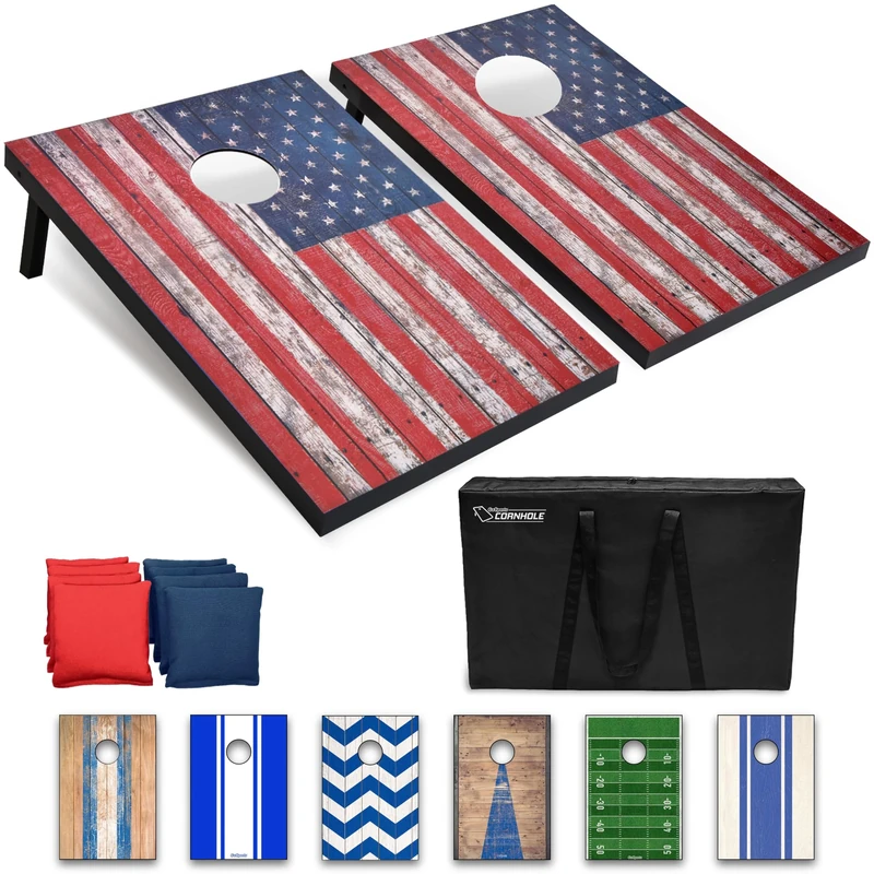 GoSports 3 x 2 ft American Flag Design Cornhole Game Set - Includes Two 3 x 2 ft Boards, 8 Bean Bags, and Carry Case