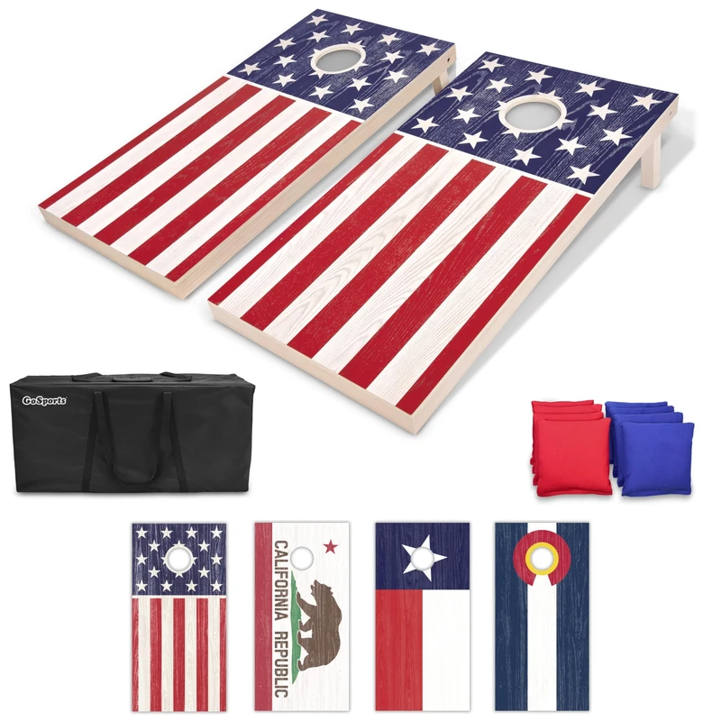 GoSports Regulation Size Solid Wood Cornhole Set - American Flag Design - Includes Two 4 ft x 2 ft Boards, 8 Bean Bags, Carrying Case, and Game Rules