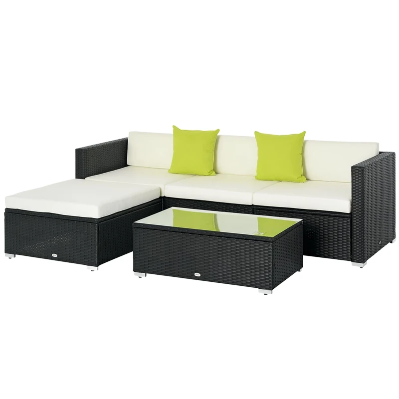 Outsunny 5 Pieces PE Rattan Garden Furniture Set with Cushions, Outdoor Corner Sofa, Patio Sectional Conversation Furniture Sets with Glass Top Coffee Table, Black