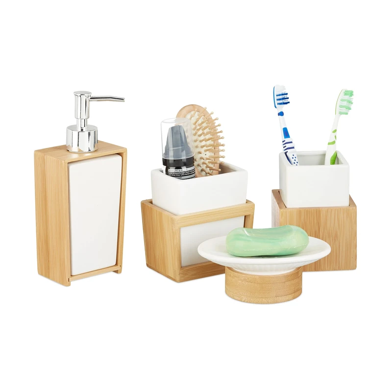 Relaxdays Bath Kit, 4-Piece Bathroom Accessories Set, Bamboo and Ceramics, Soap Dispenser and Tumbler, Natural/White