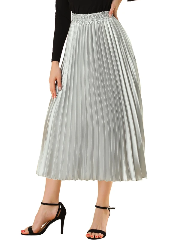 Allegra K Women's Elastic Waist Party Metallic Shiny Accordion Pleated Midi Skirt Silver Tone M