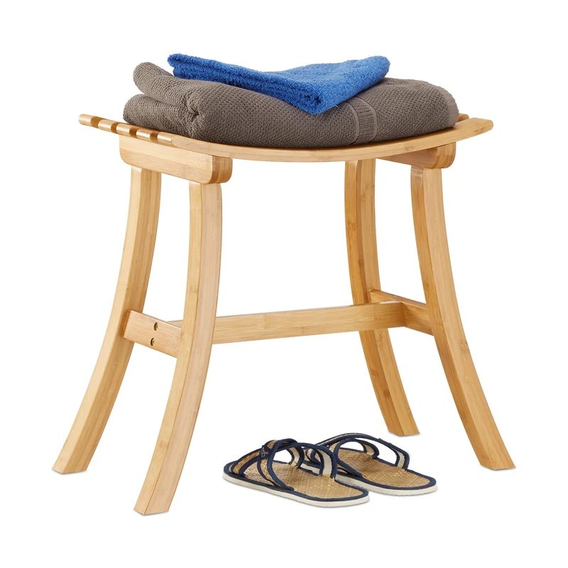 Relaxdays Bamboo Stool, Elegantly Curved Footstool, Wooden Chair, HxWxD: 48 x 56 x 28.5 cm, Natural