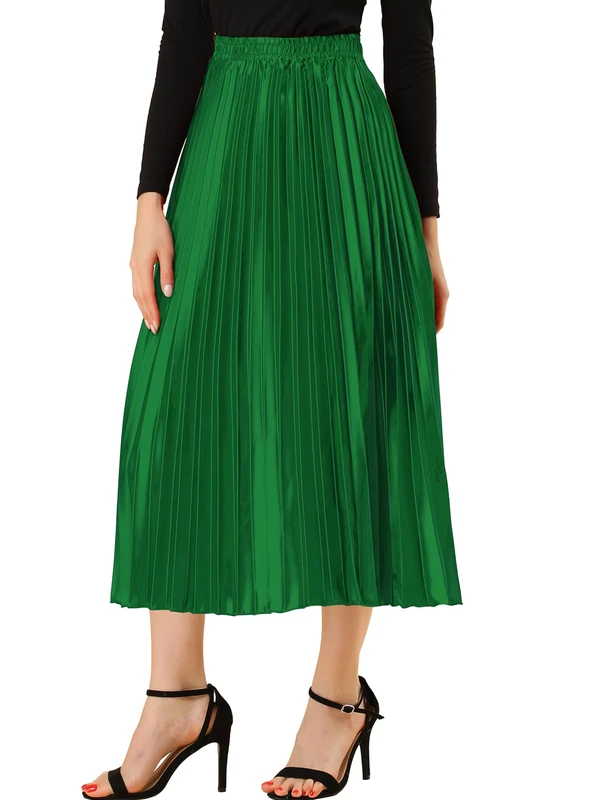 Allegra K Women's Elastic Waist Party Metallic Shiny Accordion Pleated Midi Skirt Green L-16